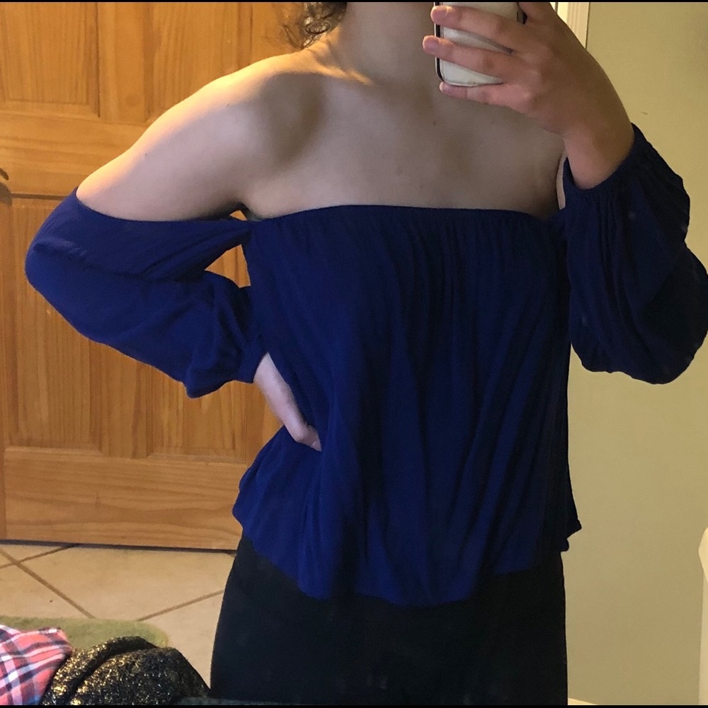 Blue off the shoulder cropped blouse